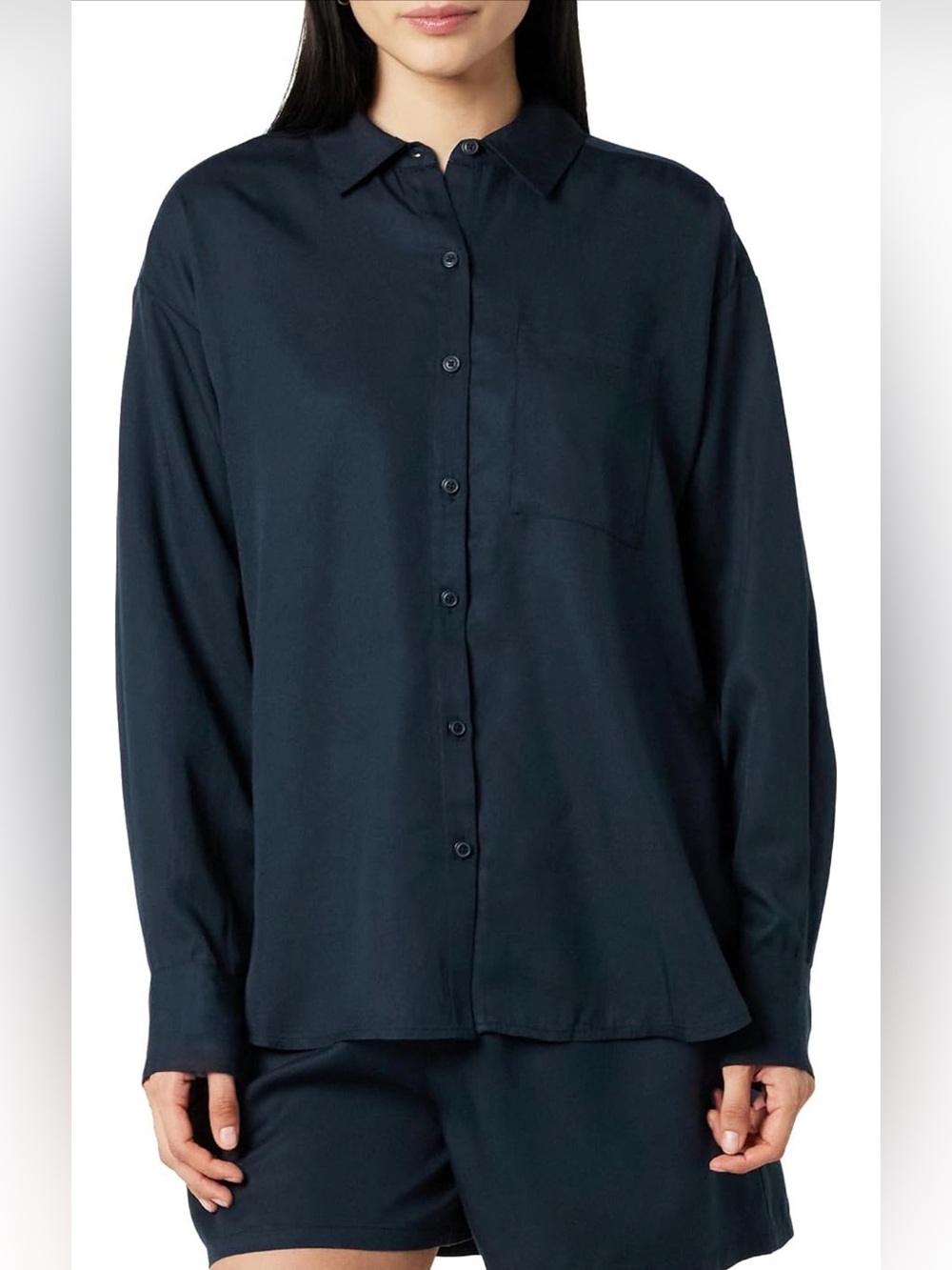 Womens Relaxed Pocket Button Down Shirt Navy Blue Large Oversized Minimalist NWT